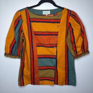 Vintage 70s Bethany Rainbow Top Puff Sleeve Striped Colorful Prairie Cottage